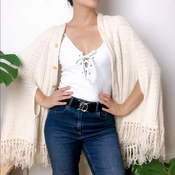 Vintage Cream Poncho Fringe Cardigan - Picture 2 of 7